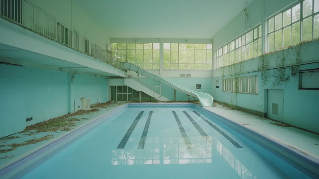 Imaginary overgrown indoor training pool